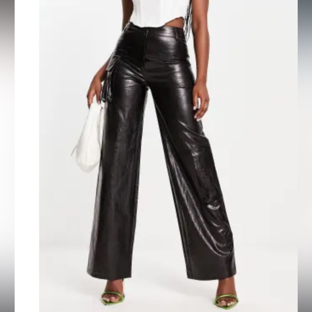 Black Liquid PU Leather Cargo Pants
